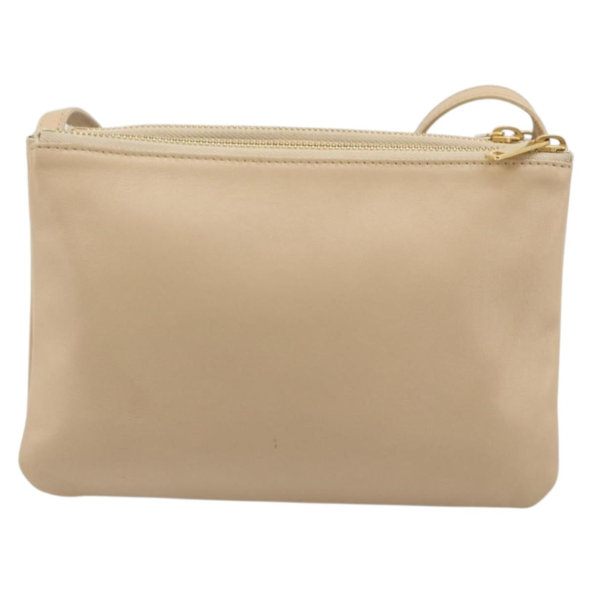 CELINE Trio Shoulder Bag Leather Beige Gold Auth BA13504V