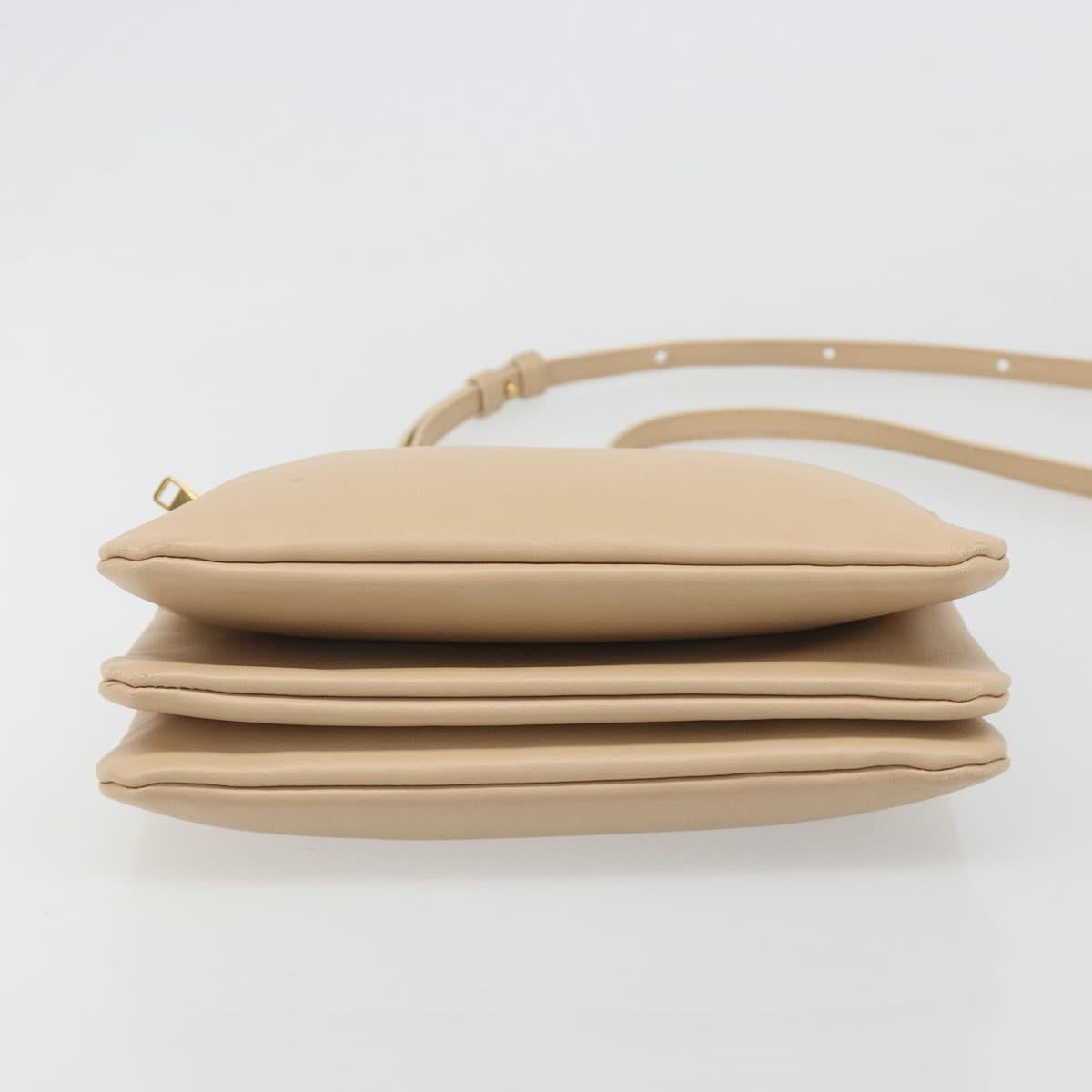CELINE Trio Shoulder Bag Leather Beige Gold Auth BA13504V