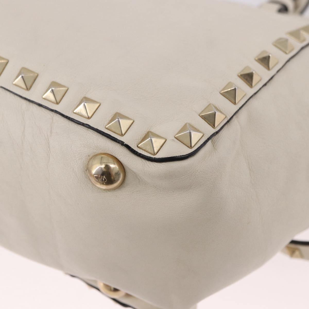 VALENTINO Studs Tote Bag Leather 2way White Gold Auth BA13505