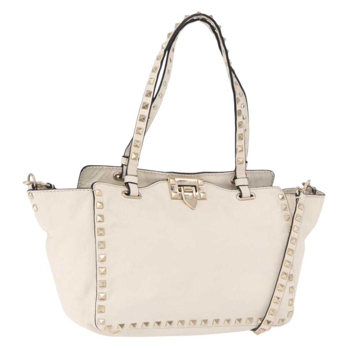 VALENTINO Studs Tote Bag Leather 2way White Gold Auth BA13505