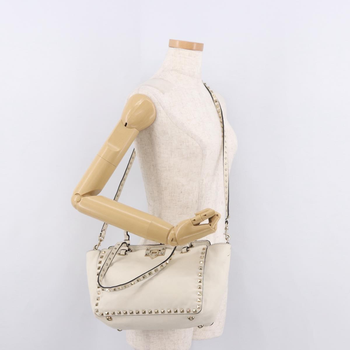 VALENTINO Studs Tote Bag Leather 2way White Gold Auth BA13505