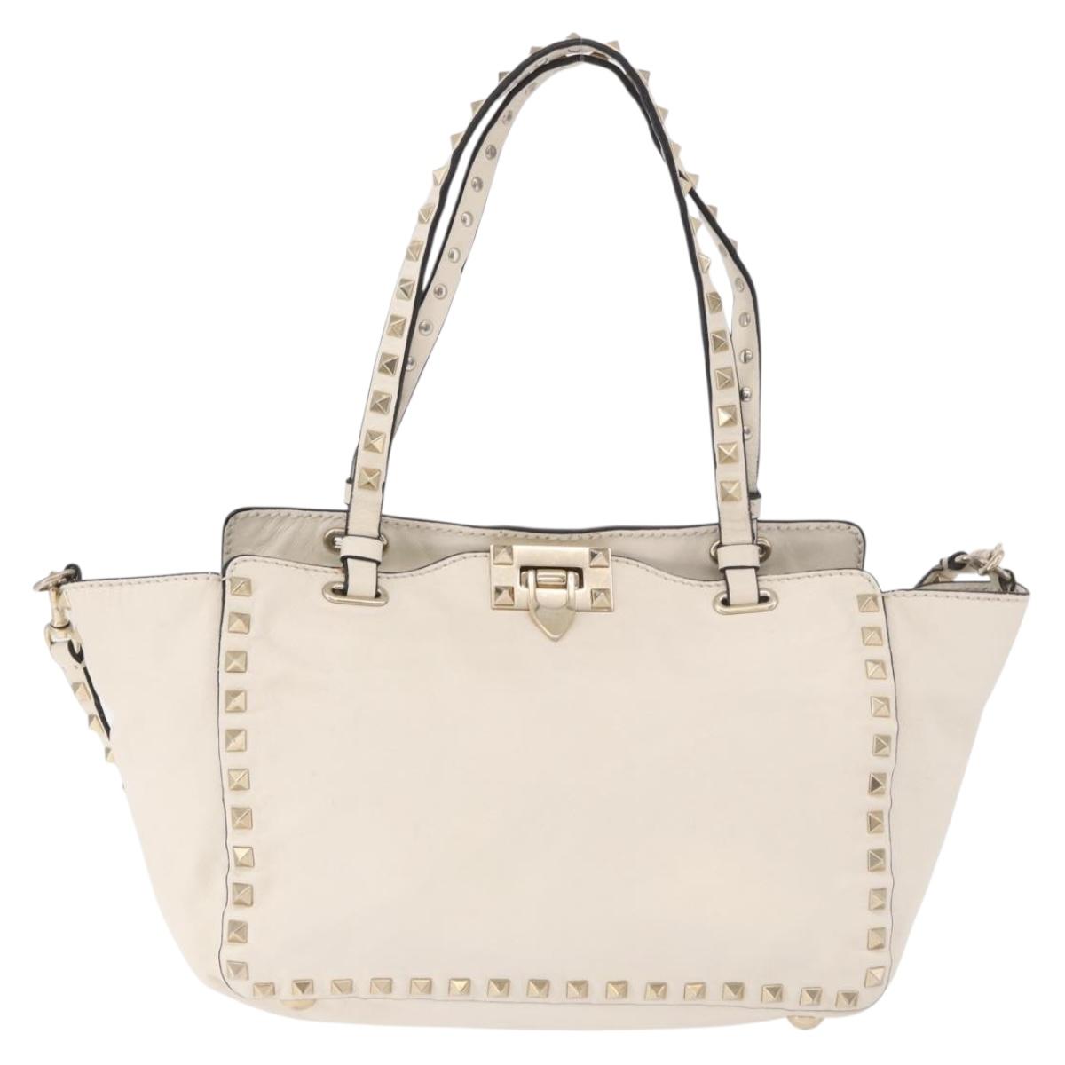 VALENTINO Studs Tote Bag Leather 2way White Gold Auth BA13505