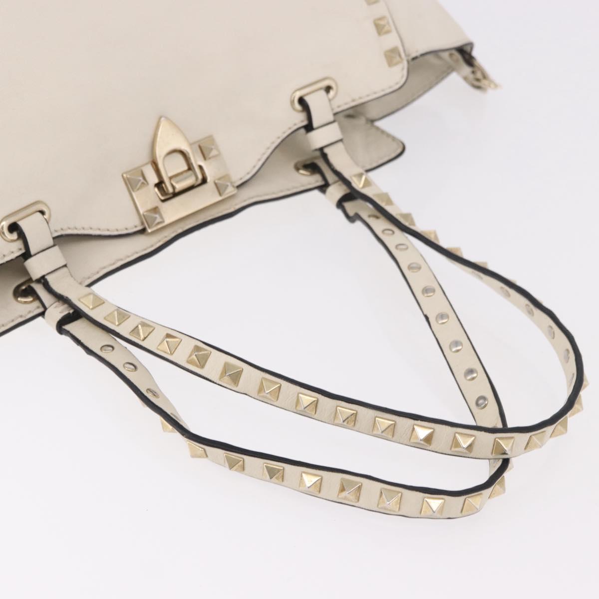 VALENTINO Studs Tote Bag Leather 2way White Gold Auth BA13505