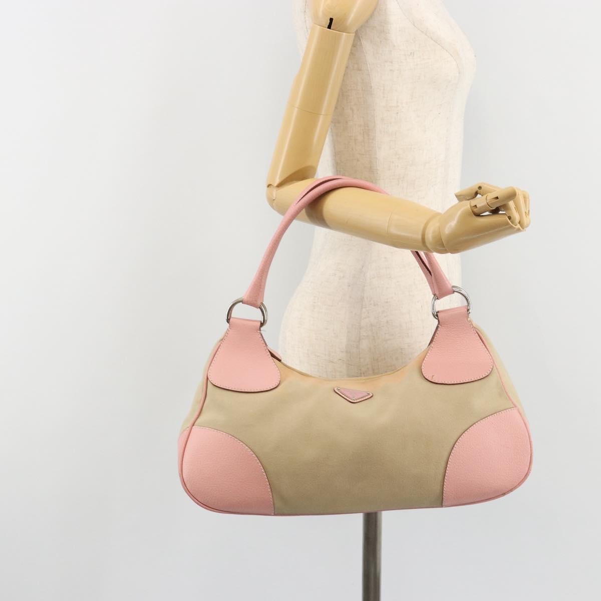 PRADA Hand Bag Canvas Beige Silver Auth BA13510A