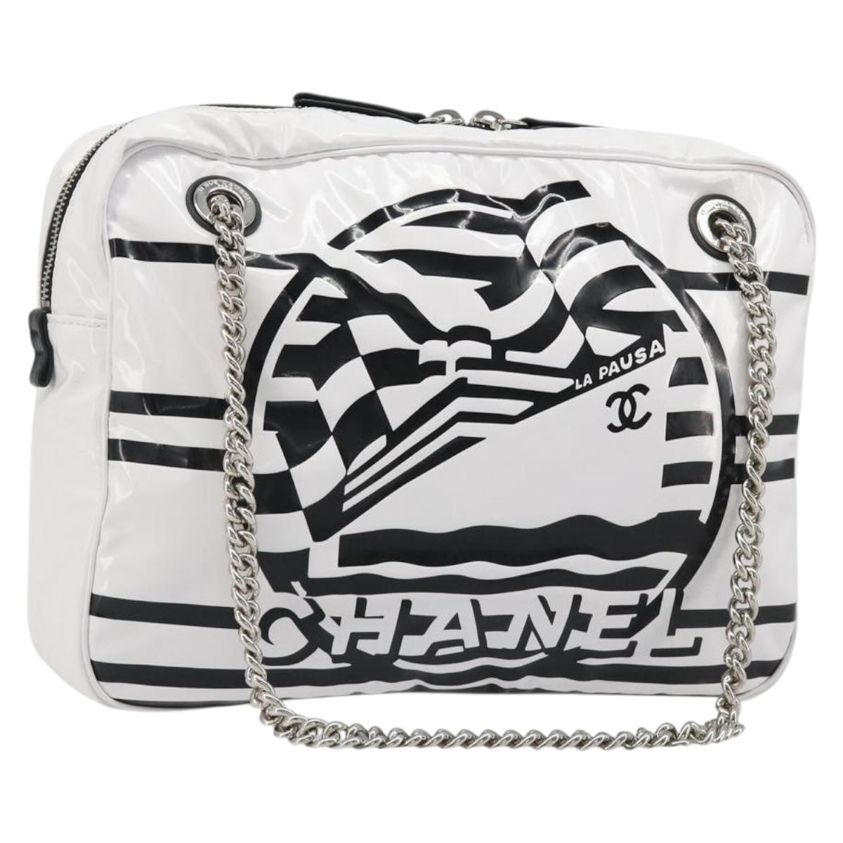 CHANEL La Pausa Chain Bag Patent leather White Silver CC Auth BA13516SAM