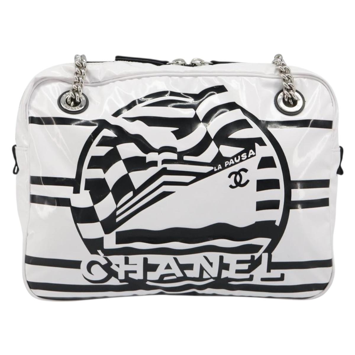 CHANEL La Pausa Chain Bag Patent leather White Silver CC Auth BA13516SAM