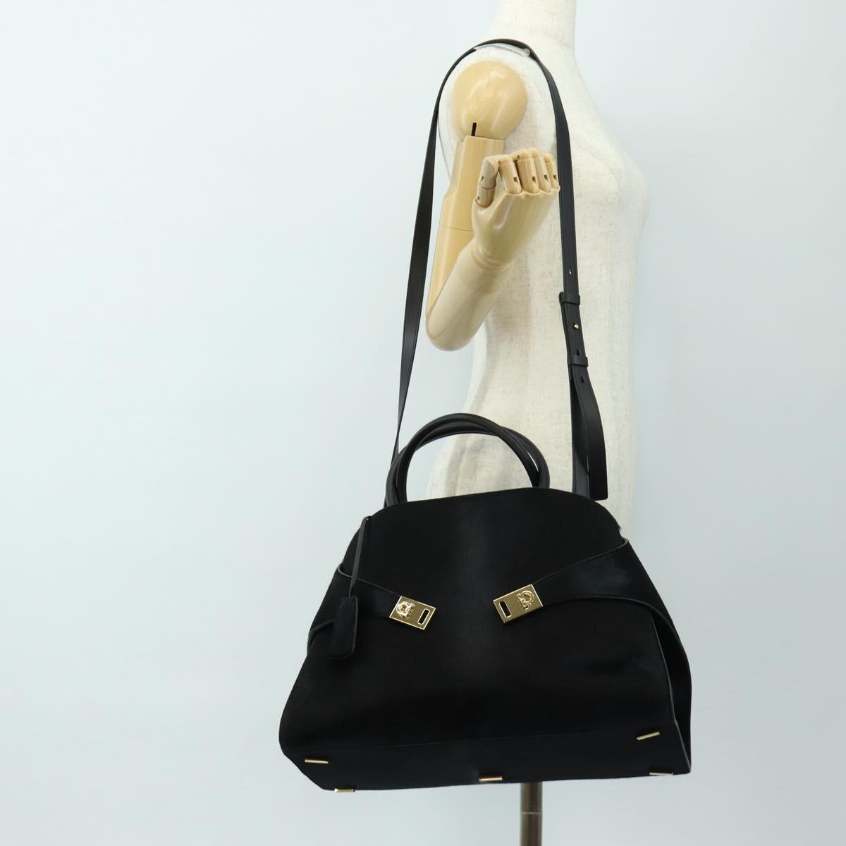 Salvatore Ferragamo Gancini Bag Harako leather 2way Black Gold Auth BA13517M