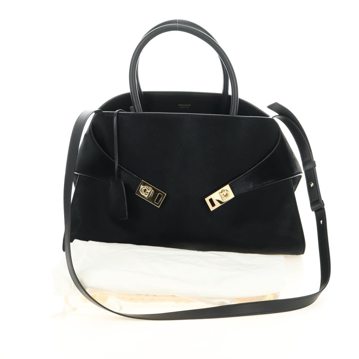 Salvatore Ferragamo Gancini Bag Harako leather 2way Black Gold Auth BA13517M
