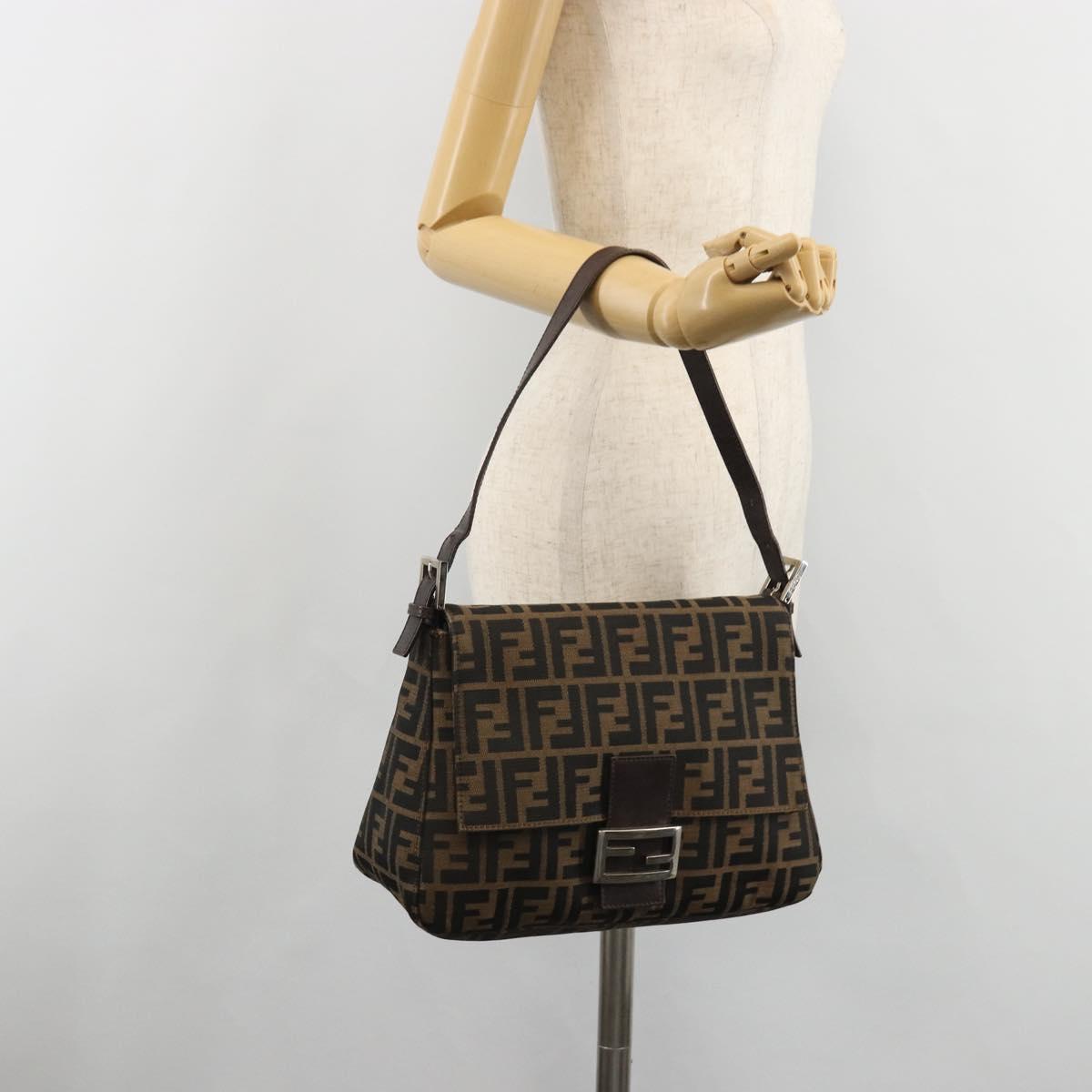 FENDI Zucca Canvas Mamma Baguette Shoulder Bag Black Brown Auth BA13529V