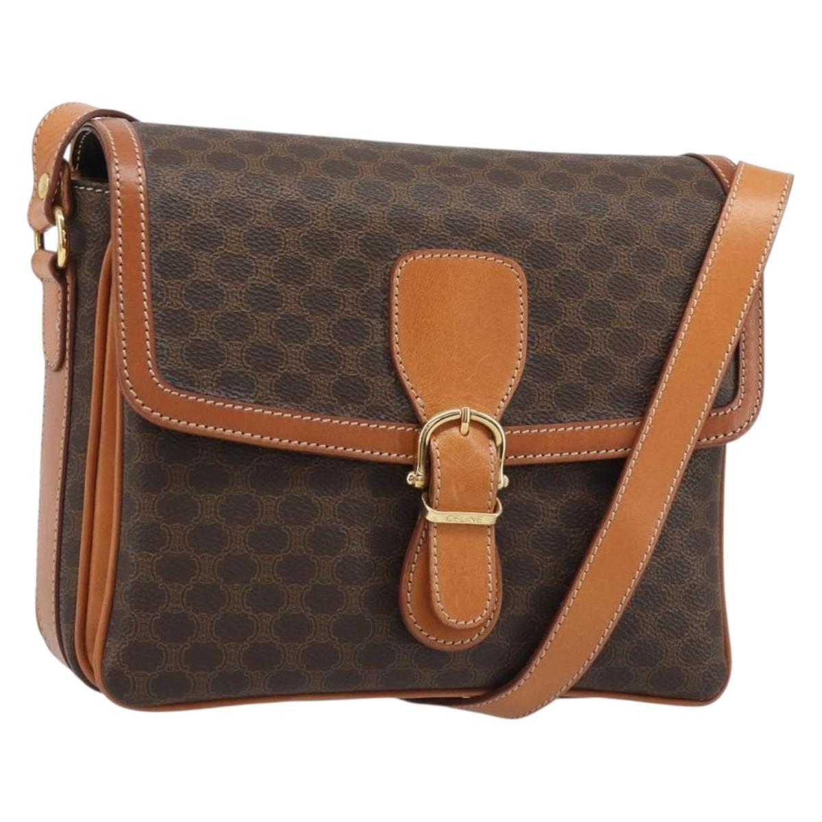 CELINE Macadam Canvas Shoulder Bag PVC Leather Brown Gold Auth BA13531V