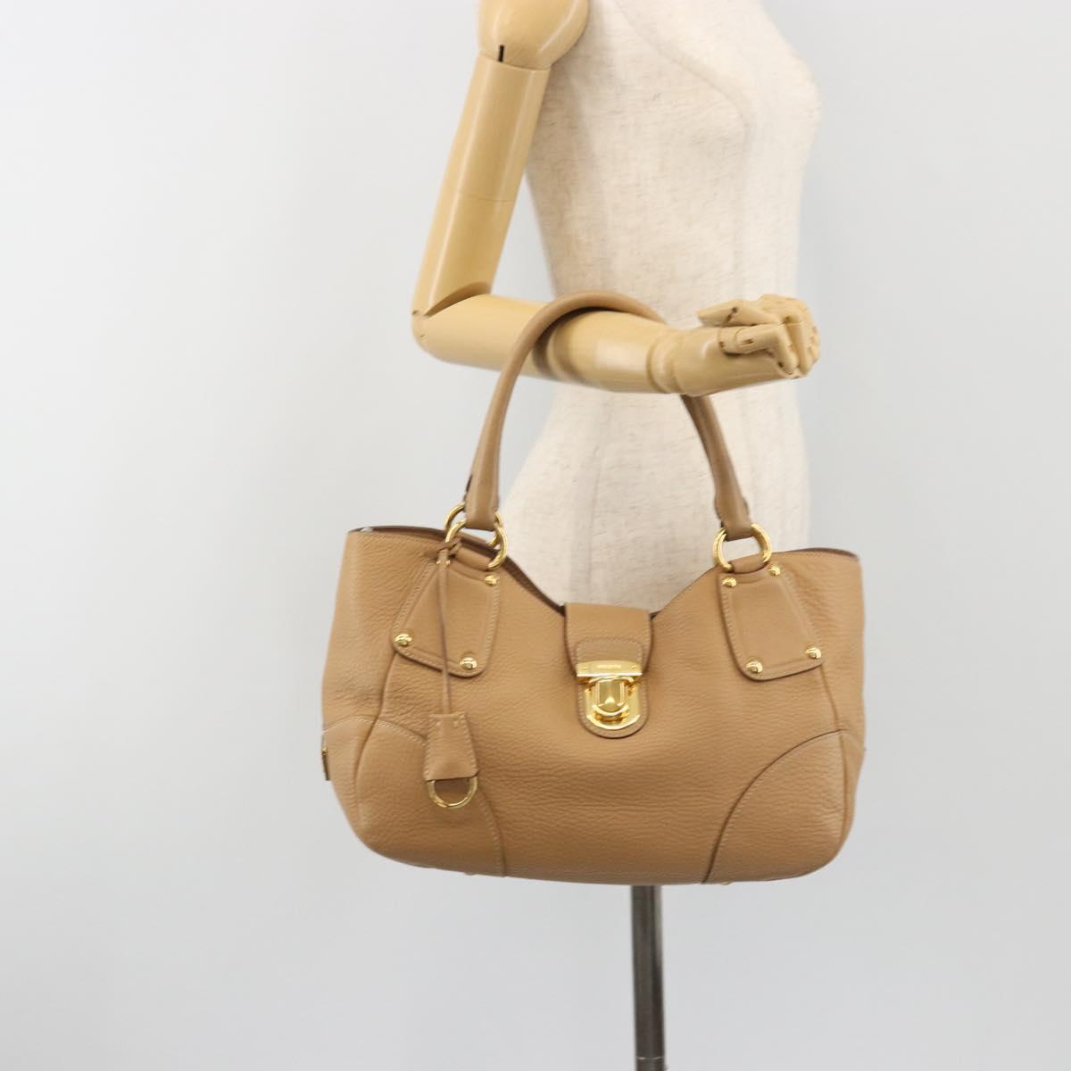 PRADA Hand Bag Leather Brown Gold Auth BA13540A