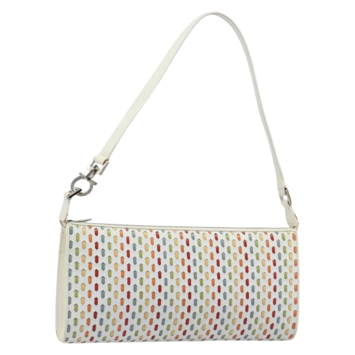 Salvatore Ferragamo Gancini Shoulder Bag Leather White Silver Auth BA13542V