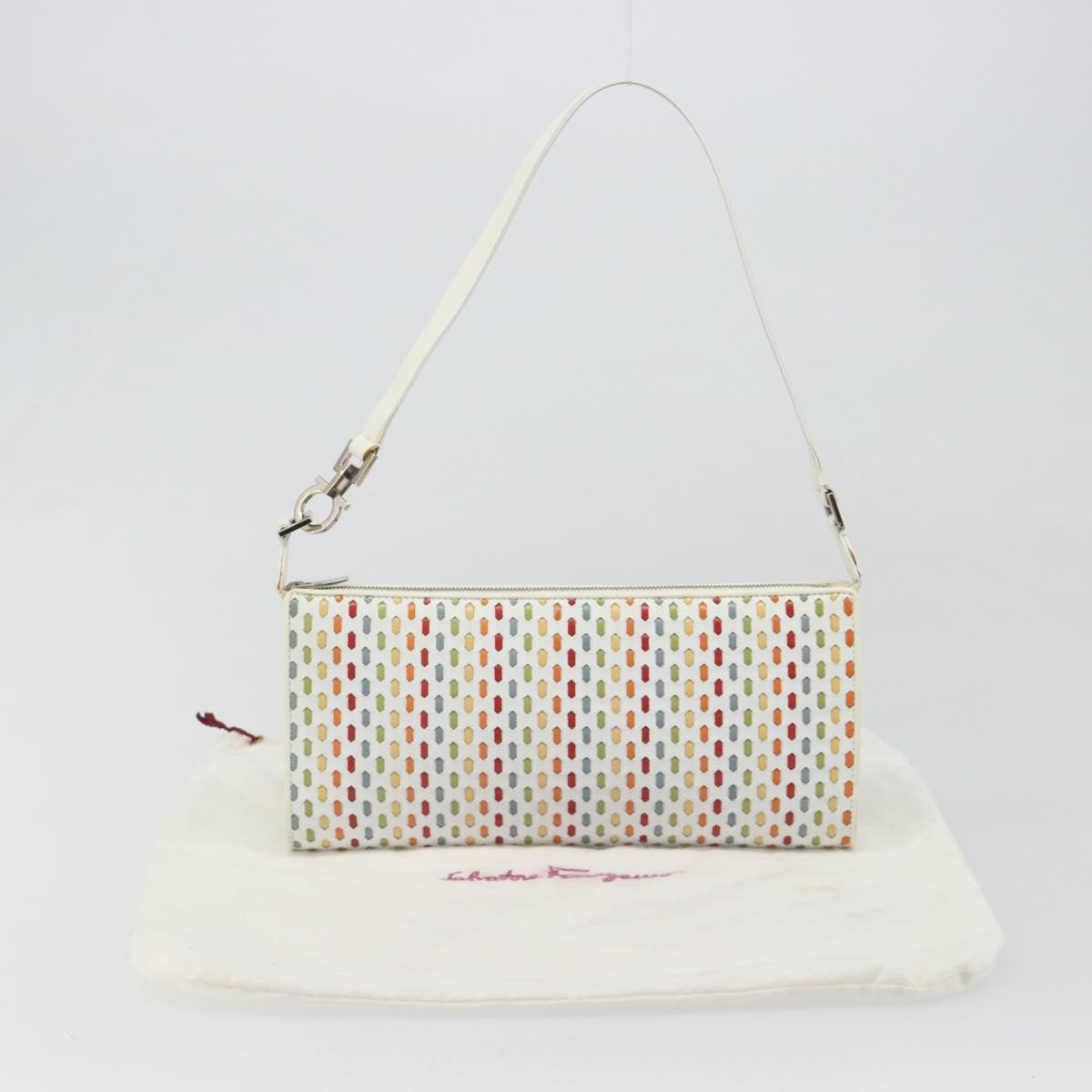 Salvatore Ferragamo Gancini Shoulder Bag Leather White Silver Auth BA13542V