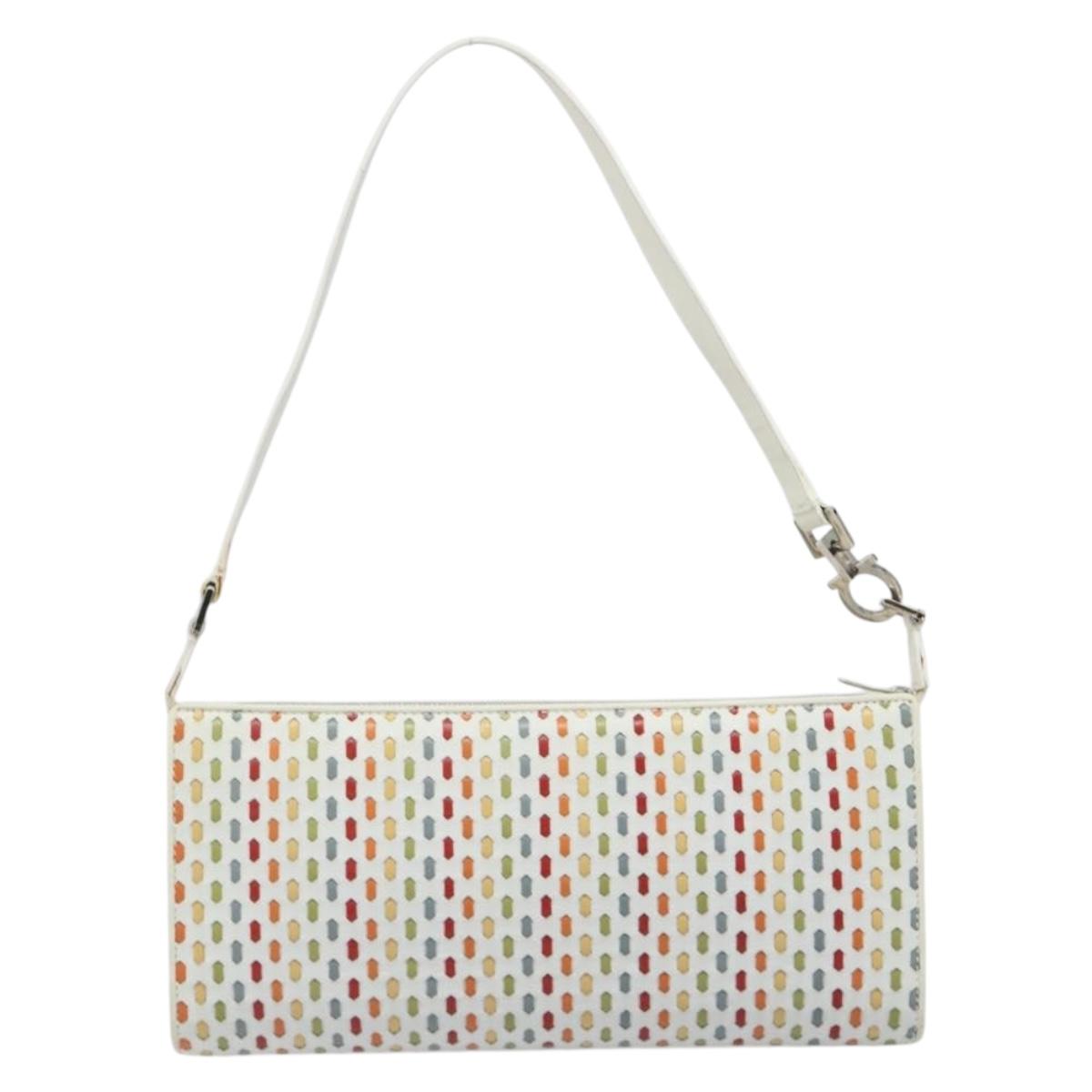 Salvatore Ferragamo Gancini Shoulder Bag Leather White Silver Auth BA13542V
