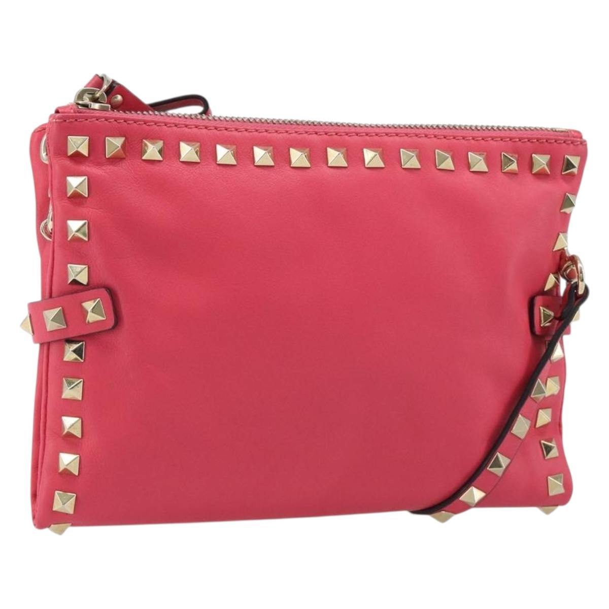 VALENTINO Studs Shoulder Bag Leather Pink Gold Auth BA13545A