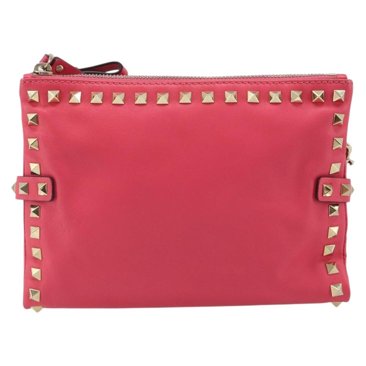 VALENTINO Studs Shoulder Bag Leather Pink Gold Auth BA13545A