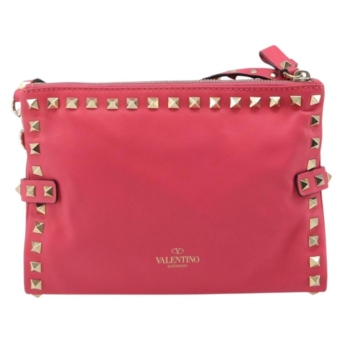 VALENTINO Studs Shoulder Bag Leather Pink Gold Auth BA13545A