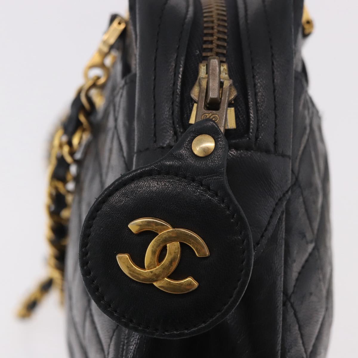 CHANEL Chain Shoulder Bag Lamb Skin Black Gold CC Auth BA13568