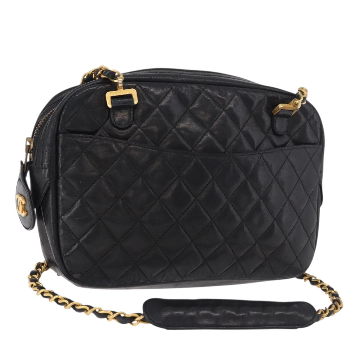 CHANEL Chain Shoulder Bag Lamb Skin Black Gold CC Auth BA13568