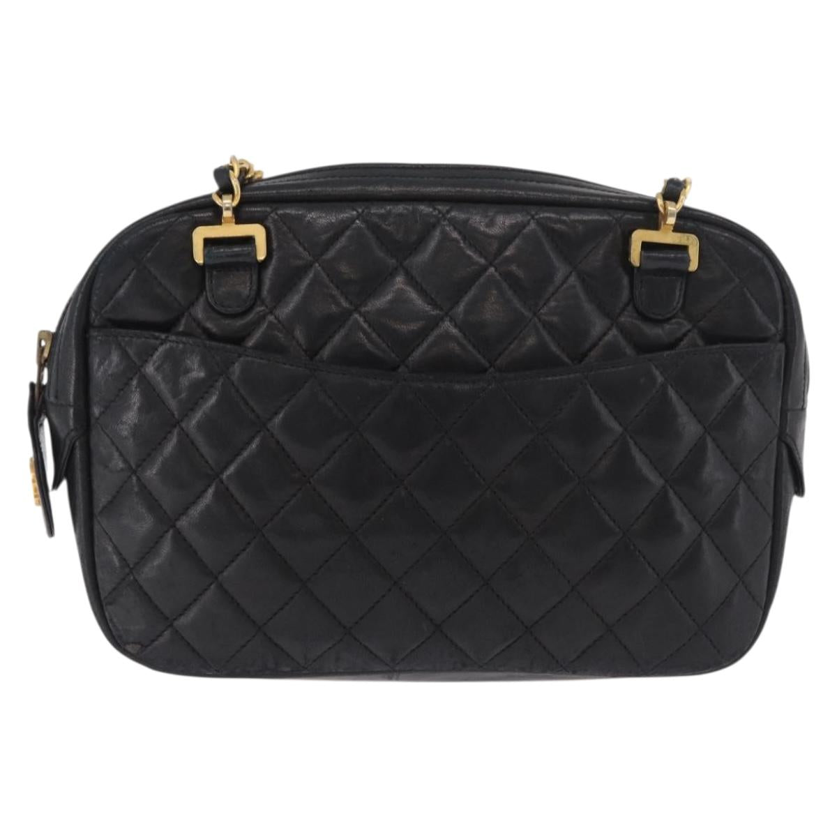 CHANEL Chain Shoulder Bag Lamb Skin Black Gold CC Auth BA13568