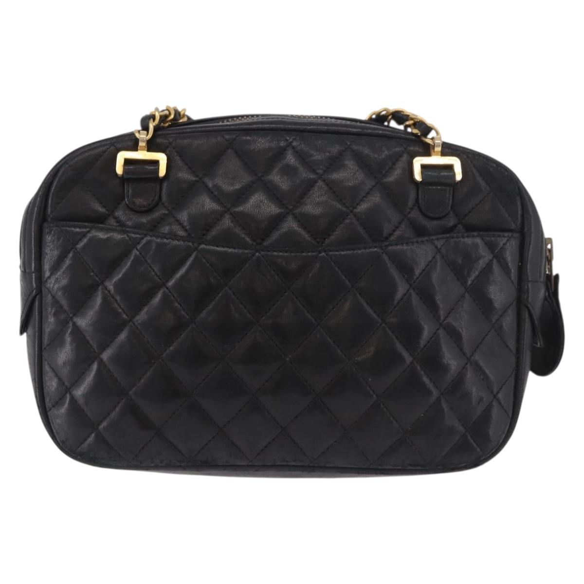 CHANEL Chain Shoulder Bag Lamb Skin Black Gold CC Auth BA13568