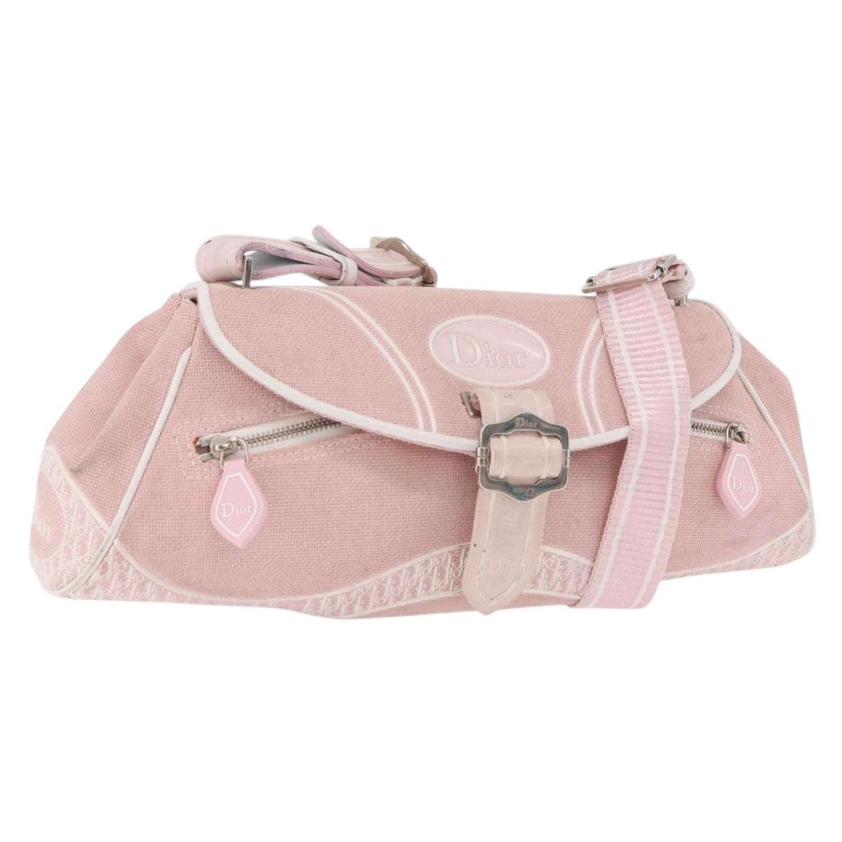 Christian Dior Trotter Canvas Shoulder Bag Pink Silver Auth BA13589A