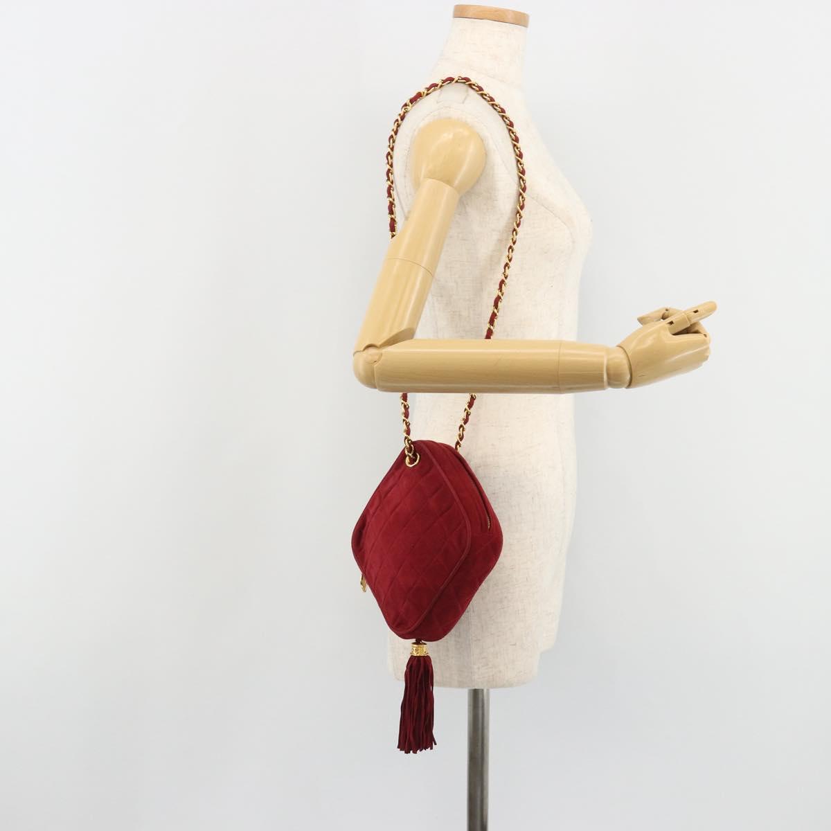 CHANEL Matelasse Chain Shoulder Bag Suede Red Gold CC Auth BA13590A