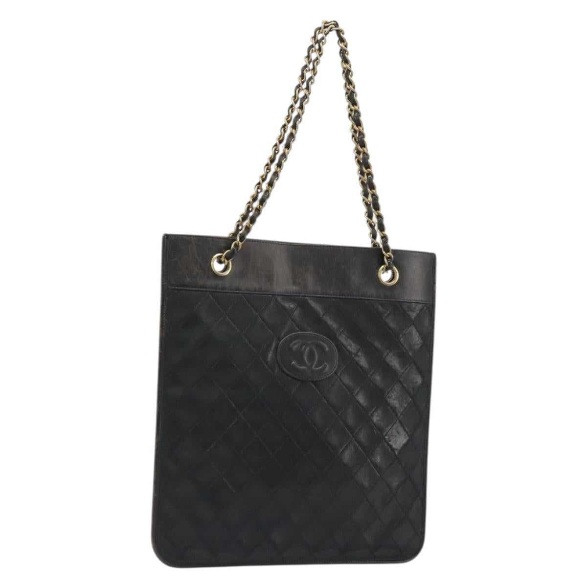 CHANEL Chain Tote Bag Lamb Skin Black Gold CC Auth BA13601