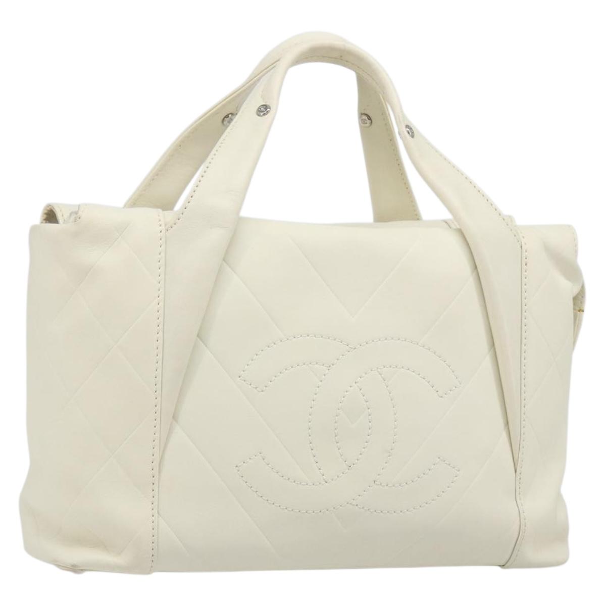 CHANEL V Stitch Hand Bag Lamb Skin White Silver CC Auth BA13606V