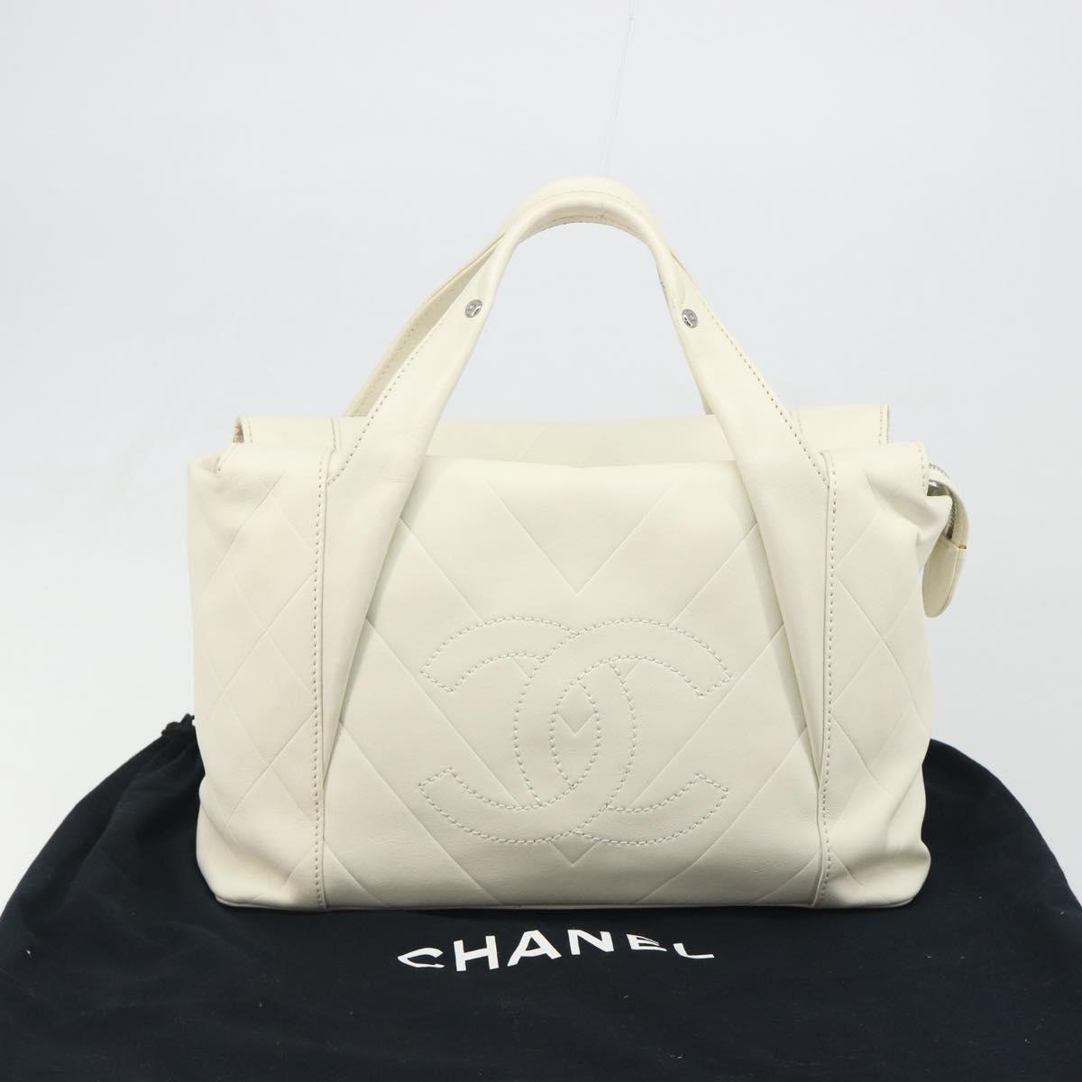 CHANEL V Stitch Hand Bag Lamb Skin White Silver CC Auth BA13606V