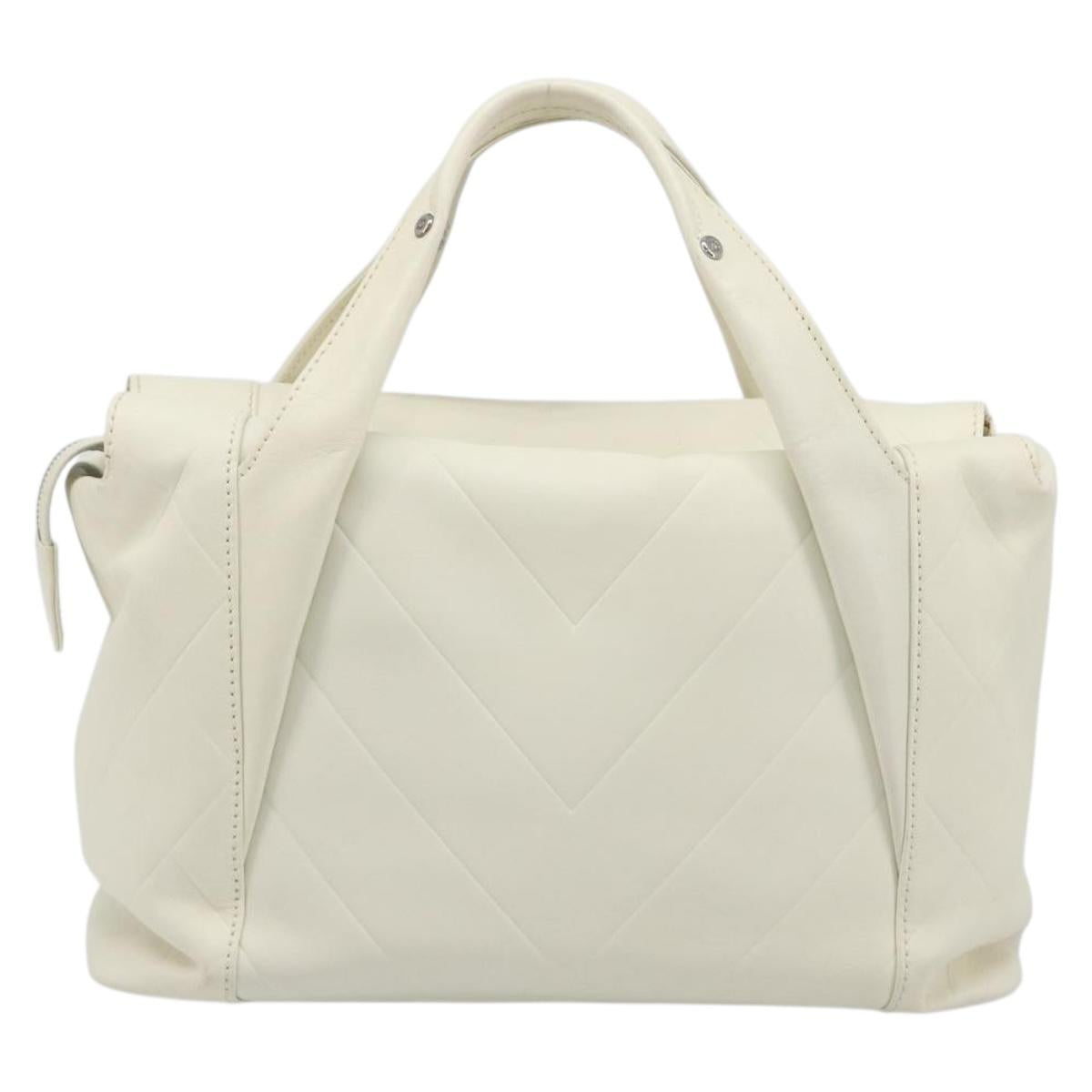 CHANEL V Stitch Hand Bag Lamb Skin White Silver CC Auth BA13606V