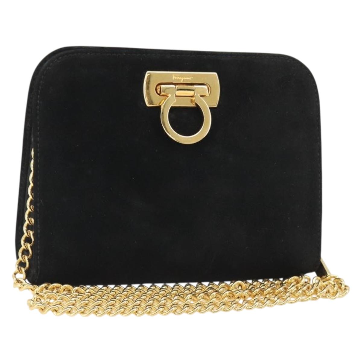 Salvatore Ferragamo Gancini Chain Shoulder Bag Suede Black Gold Auth BA13616V