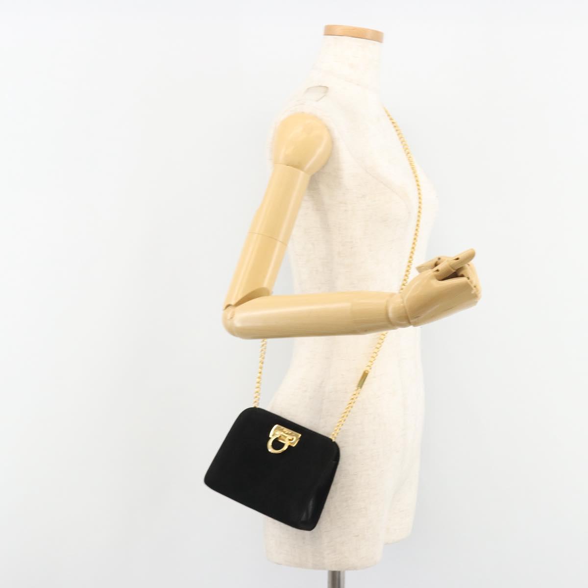 Salvatore Ferragamo Gancini Chain Shoulder Bag Suede Black Gold Auth BA13616V