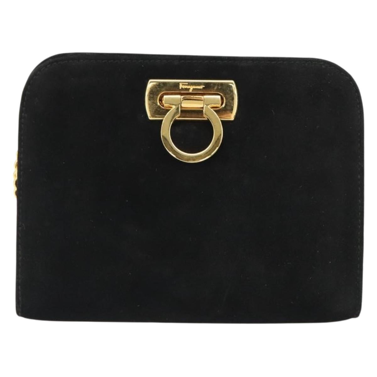 Salvatore Ferragamo Gancini Chain Shoulder Bag Suede Black Gold Auth BA13616V