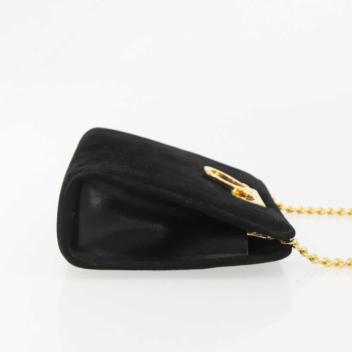 Salvatore Ferragamo Gancini Chain Shoulder Bag Suede Black Gold Auth BA13616V