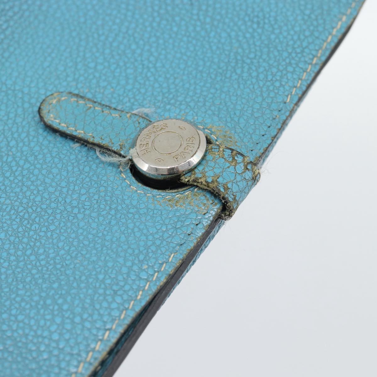 HERMES Dogon GM Wallet Leather Light Blue Silver Auth BA13622