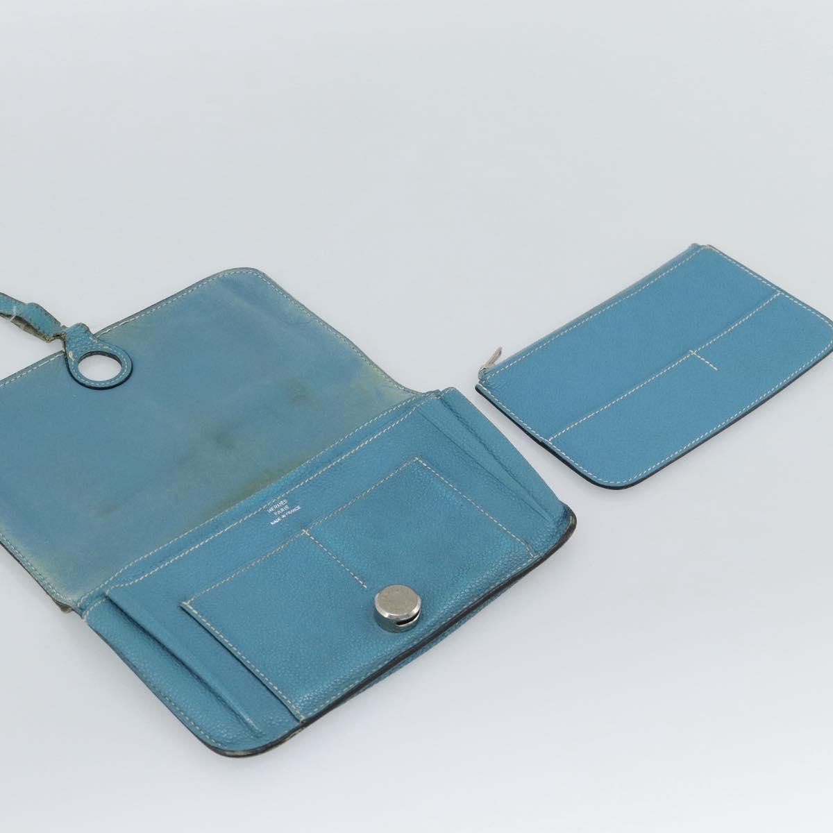 HERMES Dogon GM Wallet Leather Light Blue Silver Auth BA13622