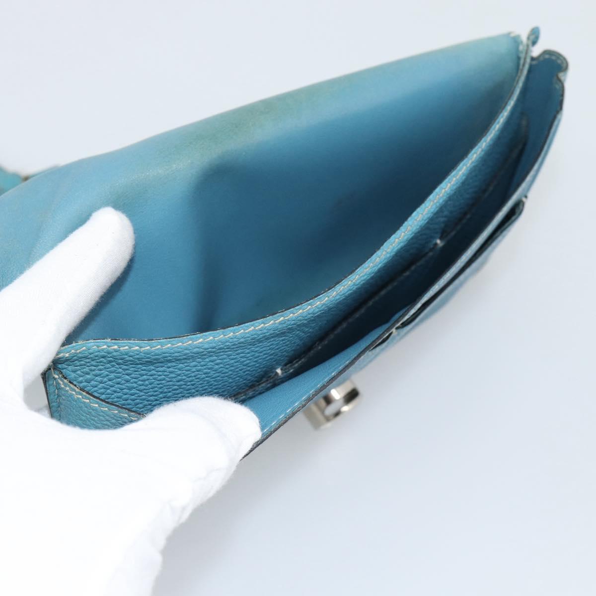 HERMES Dogon GM Wallet Leather Light Blue Silver Auth BA13622