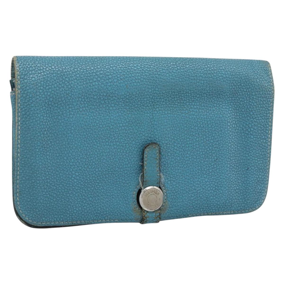 HERMES Dogon GM Wallet Leather Light Blue Silver Auth BA13622