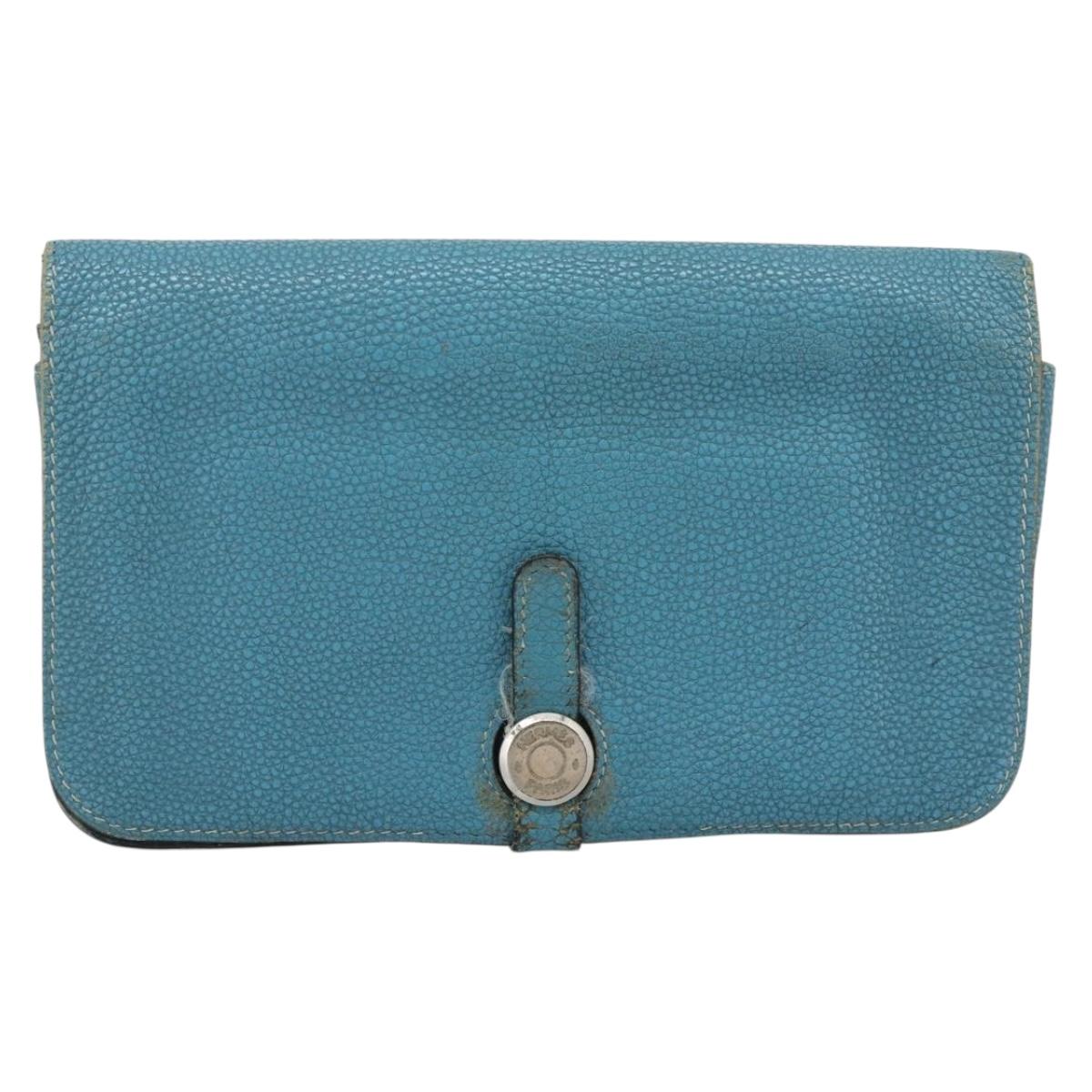 HERMES Dogon GM Wallet Leather Light Blue Silver Auth BA13622