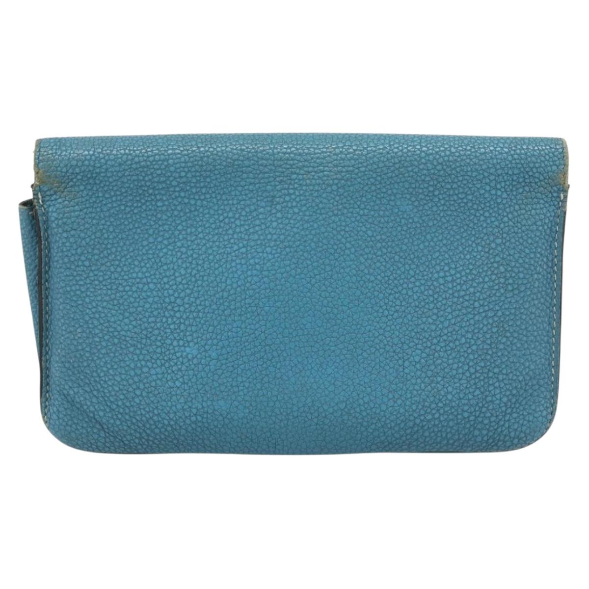 HERMES Dogon GM Wallet Leather Light Blue Silver Auth BA13622