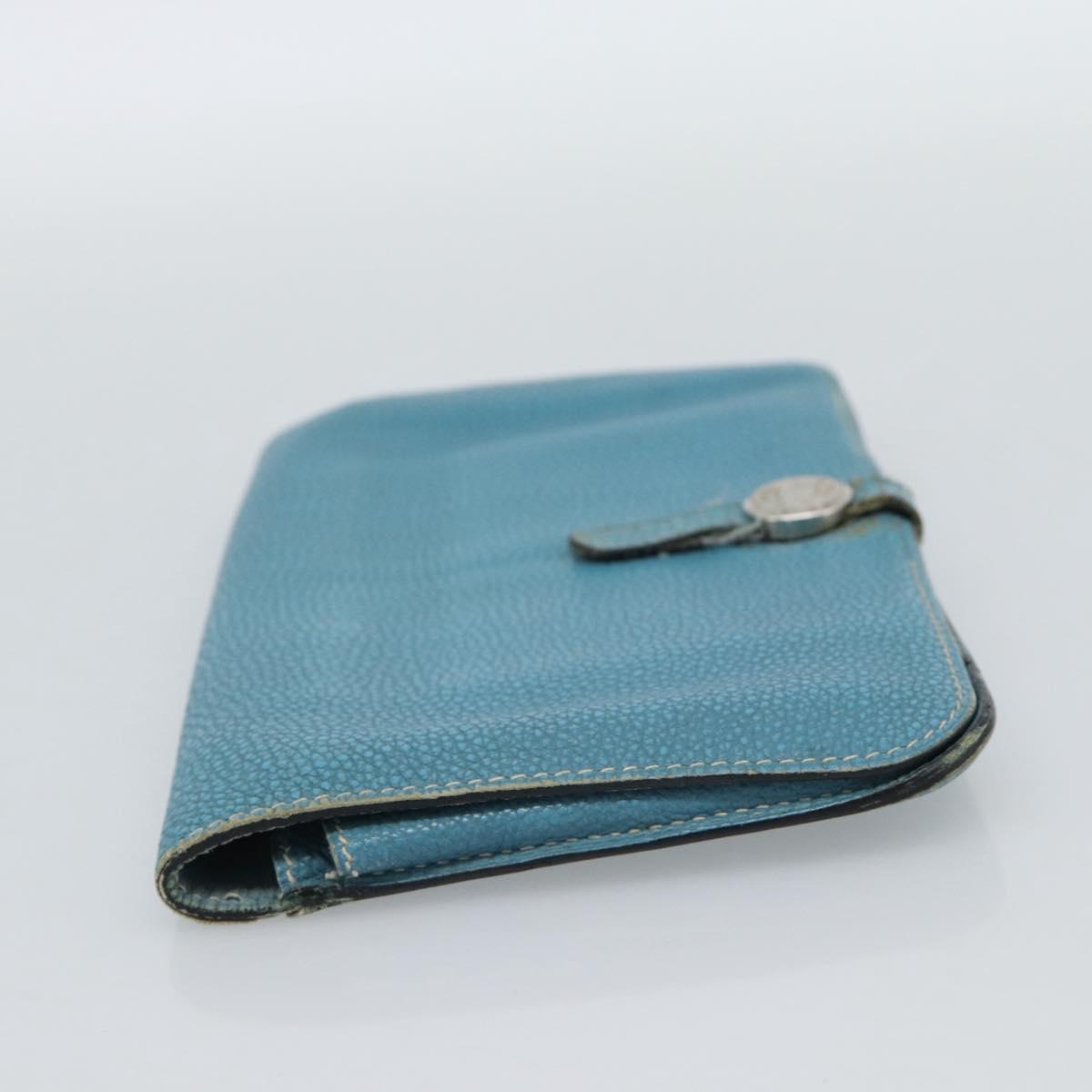 HERMES Dogon GM Wallet Leather Light Blue Silver Auth BA13622