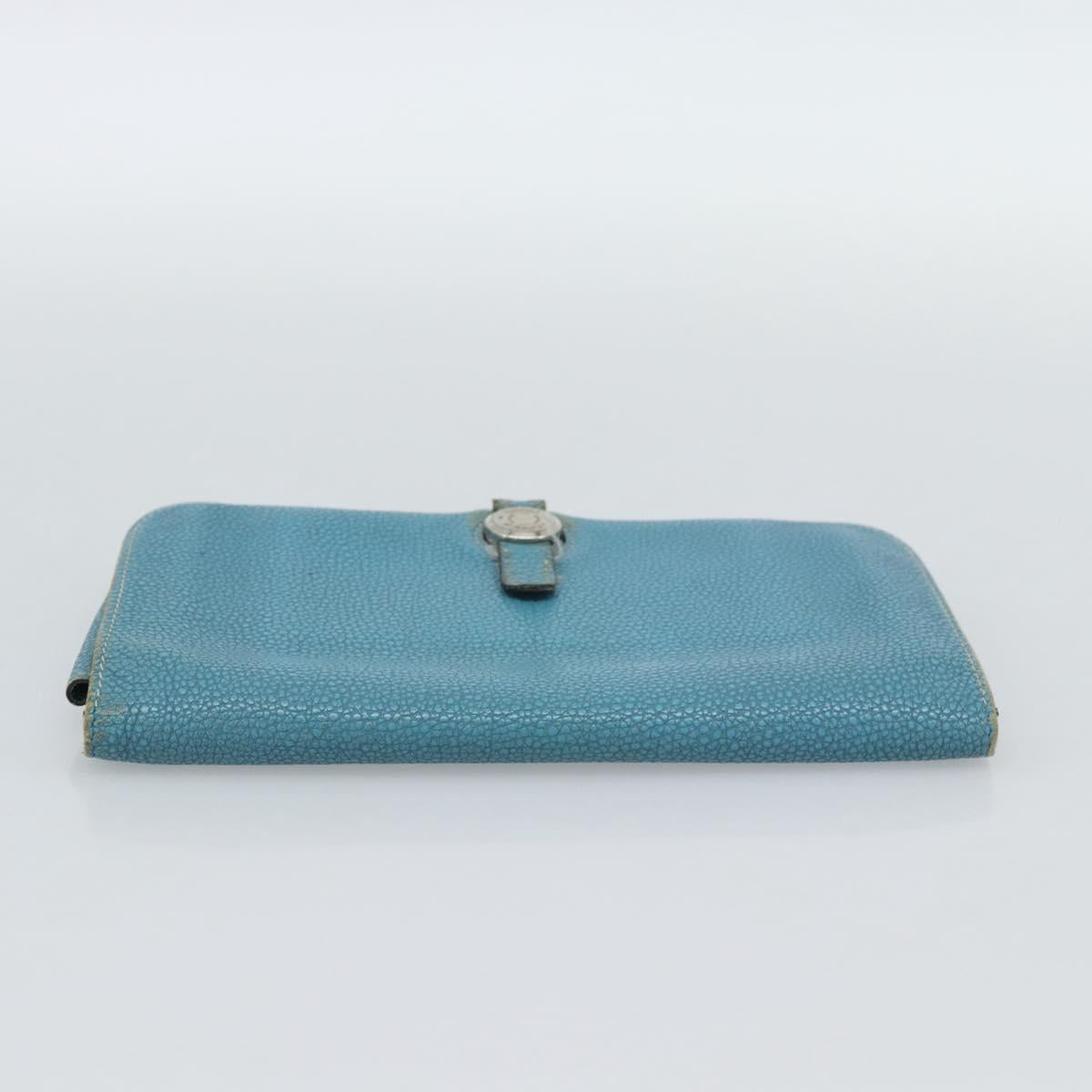 HERMES Dogon GM Wallet Leather Light Blue Silver Auth BA13622