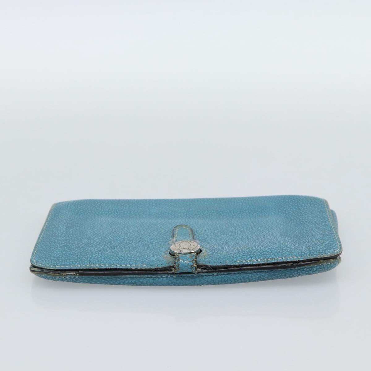 HERMES Dogon GM Wallet Leather Light Blue Silver Auth BA13622