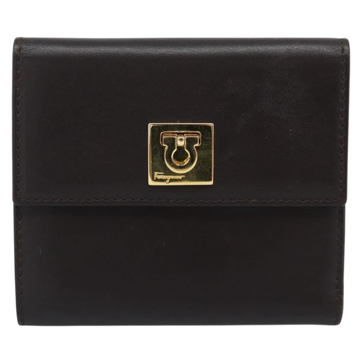 Salvatore Ferragamo Gancini Trifold Wallet Leather Brown Gold Auth BA13626V