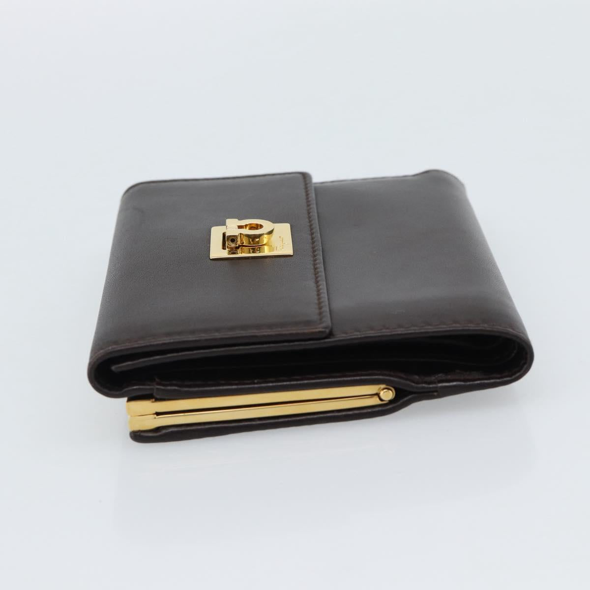 Salvatore Ferragamo Gancini Trifold Wallet Leather Brown Gold Auth BA13626V