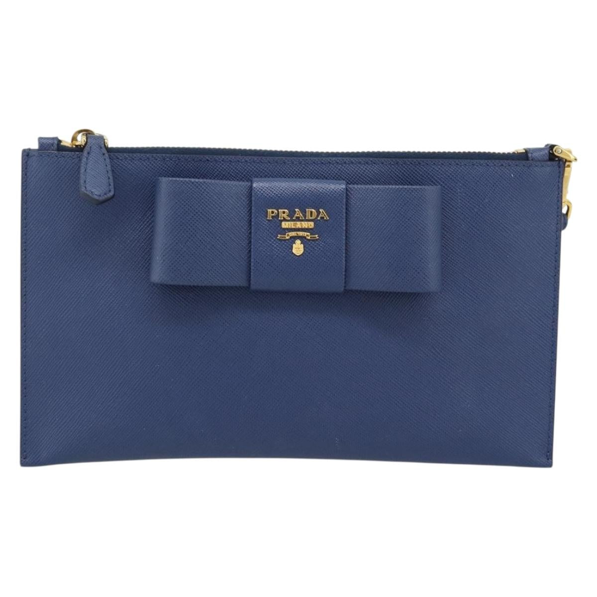 PRADA Clutch Bag Safiano Blue Gold Auth BA13647V