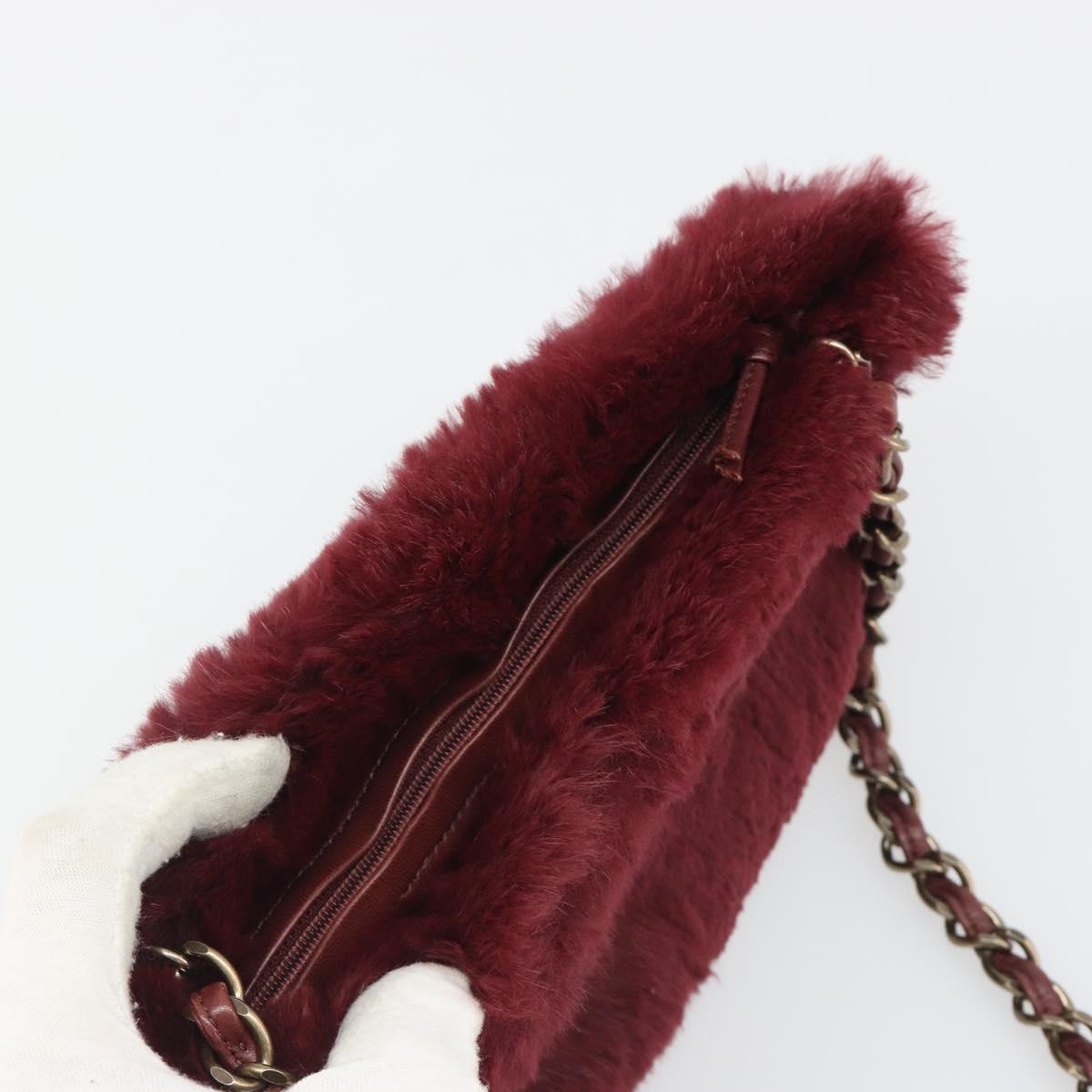 CHANEL Chain Shoulder Bag Fur Red CC Auth BA13649V