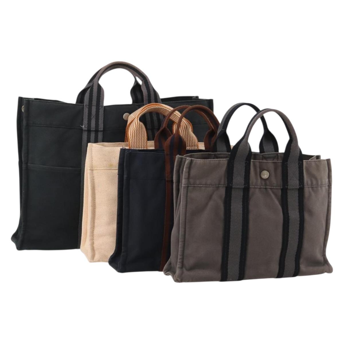 HERMES Fourre Tout Hand Bag Cotton 4 Set Navy Orange gray Auth BA13658