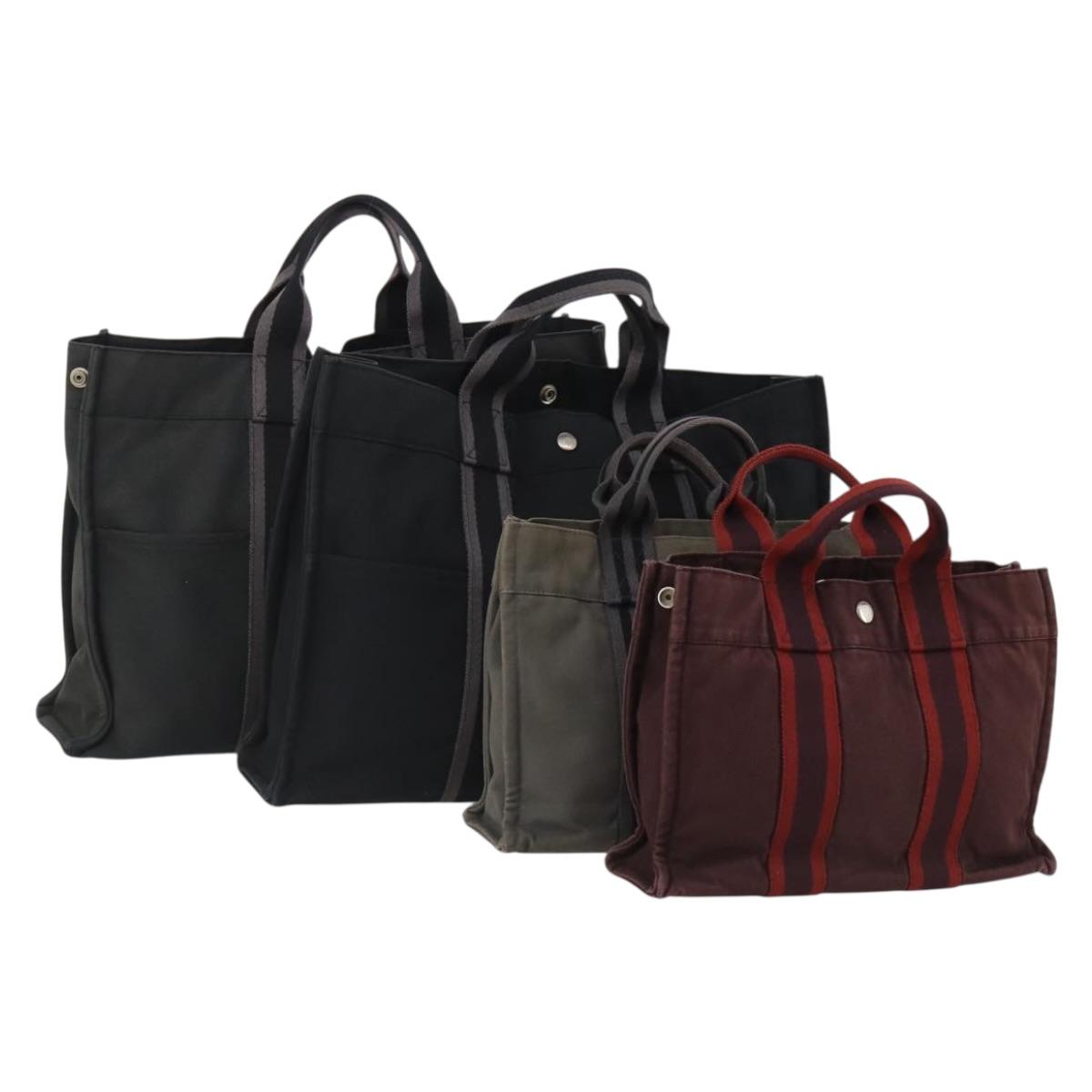 HERMES Fourre Tout Hand Bag Cotton 4 Set Black Red gray Auth BA13659